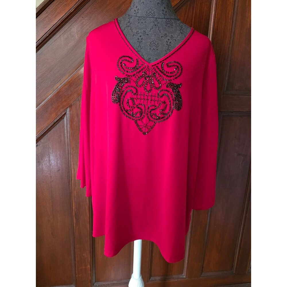 Susan Graver Red V-Neck Embellished Tunic Top 3/4 Sleeve Size 1X NWT Womens